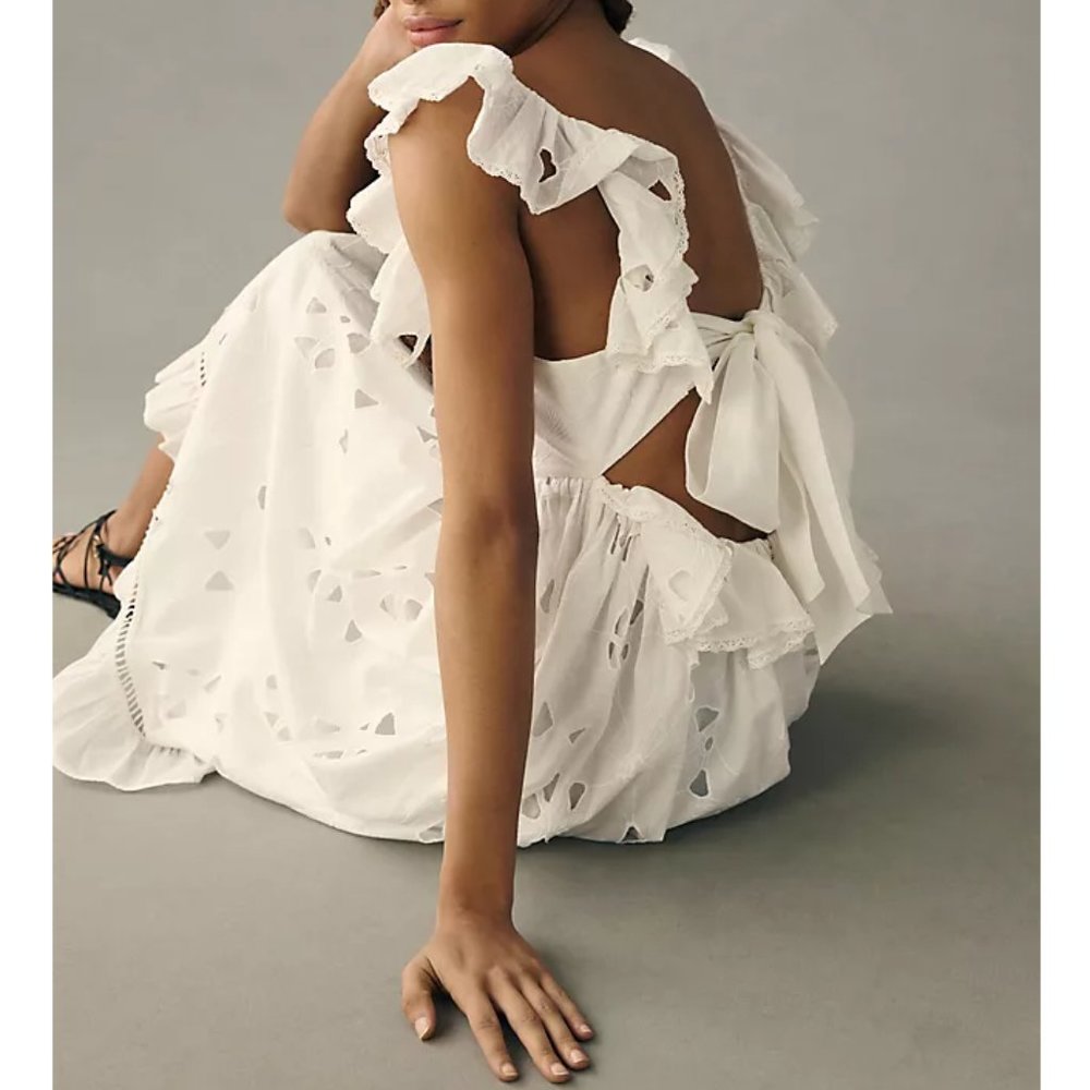 Anthropologie Forever That Girl Tie-Back Ruffled Eyelet Dress White - Medium - Picture 4 of 13